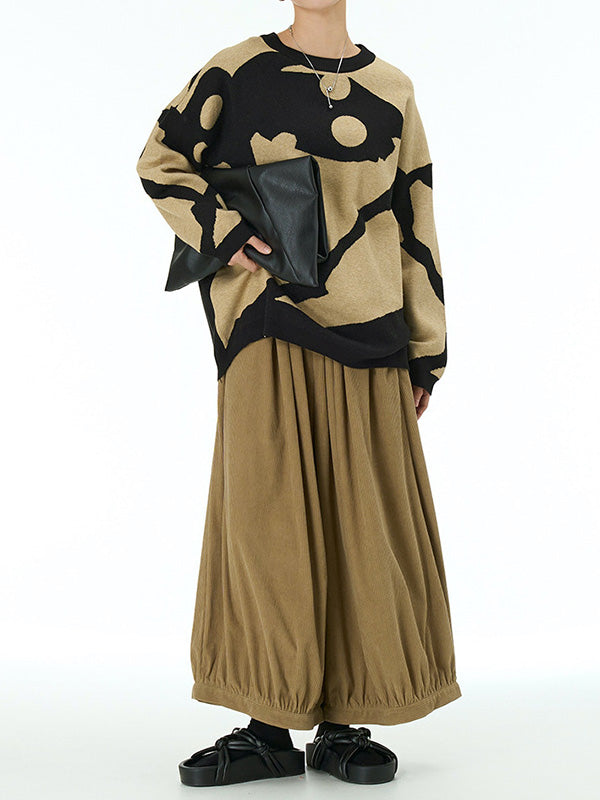 Long Sleeves Loose Contrast Color Velvet Round-Neck Pullovers Sweater Tops