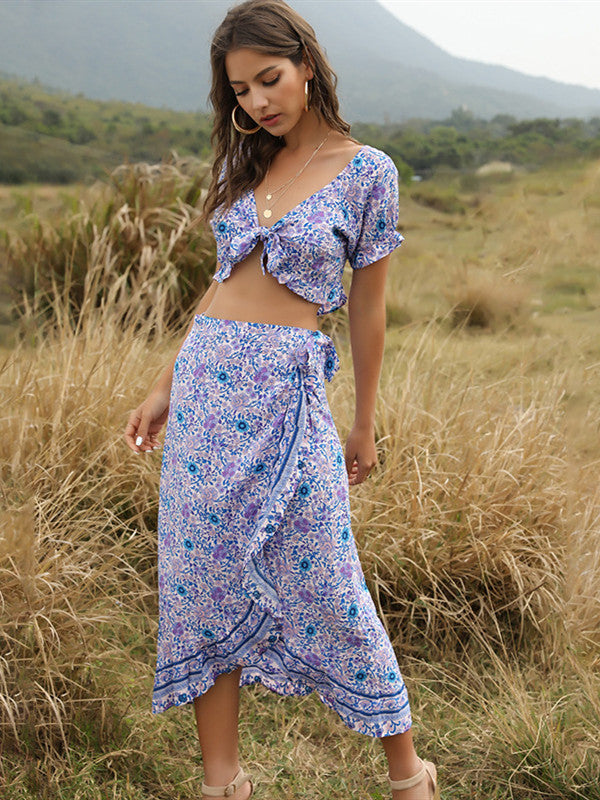 Bohemian Women'S Irregular Half Skirt Umbilical Top Two Sets