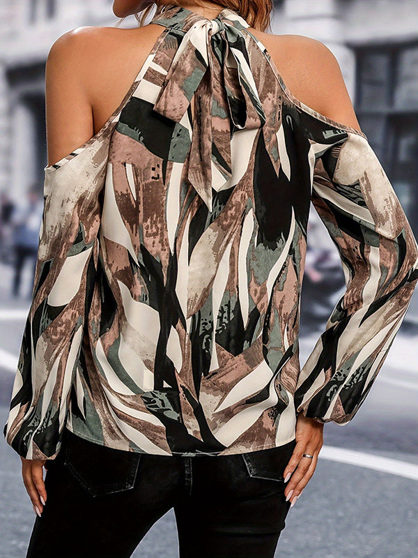 Long Sleeves Loose Contrast Color Elasticity Hollow Cold Shoulder Blouses&Shirts Tops