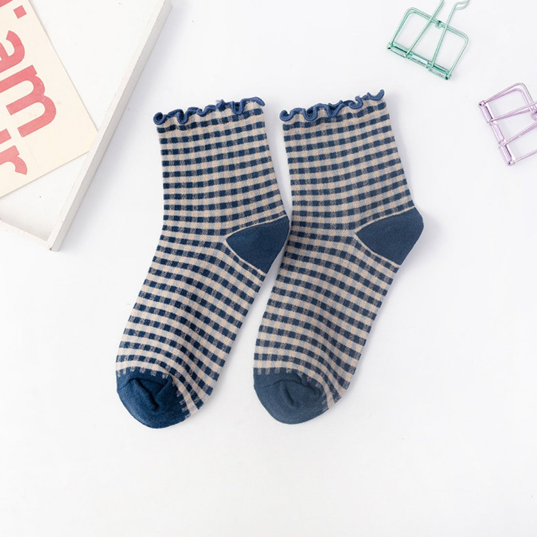 Rufia - Colorful Check Pattern Lace Socks