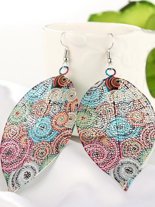 Hollow Leaf Print Metal Colorful Earrings