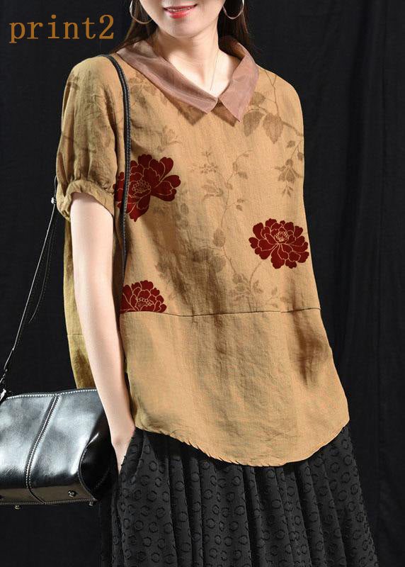 Peach Pink Patchwork Turn-down Collar Summer Linen Shirt Blouse