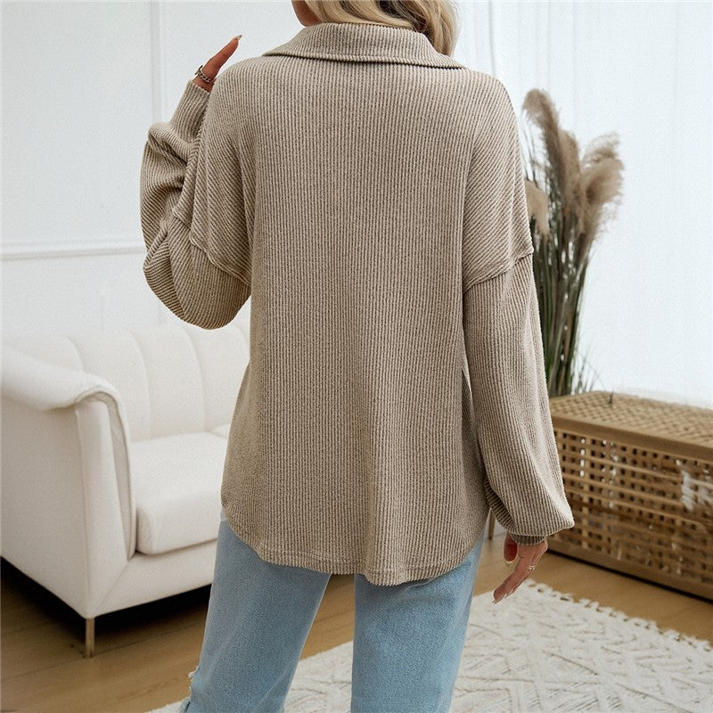 Orange Casual Turn-Down Collar Knit Sweater