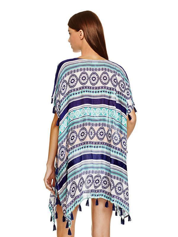 Casual Beach Vacation Tassel Chiffon Short Sleeve V Neck Mask Cover-Ups