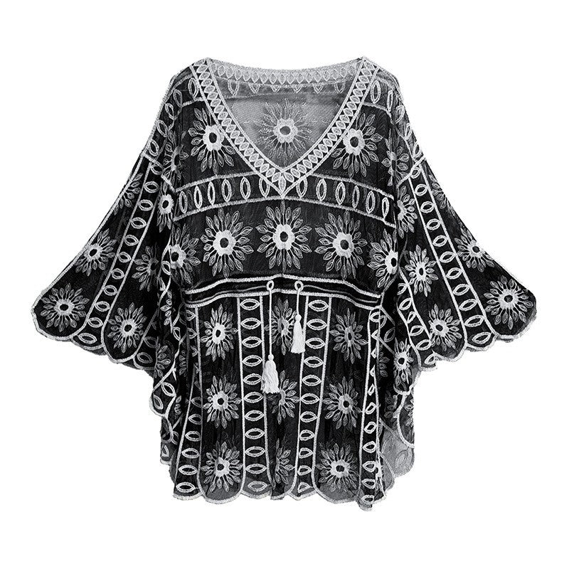 Ethnic Embroidered Hollow-Out Batwing Sleeve Lace Top - Loose, Lightweight, Versatile V-Neck Outerwear For Women