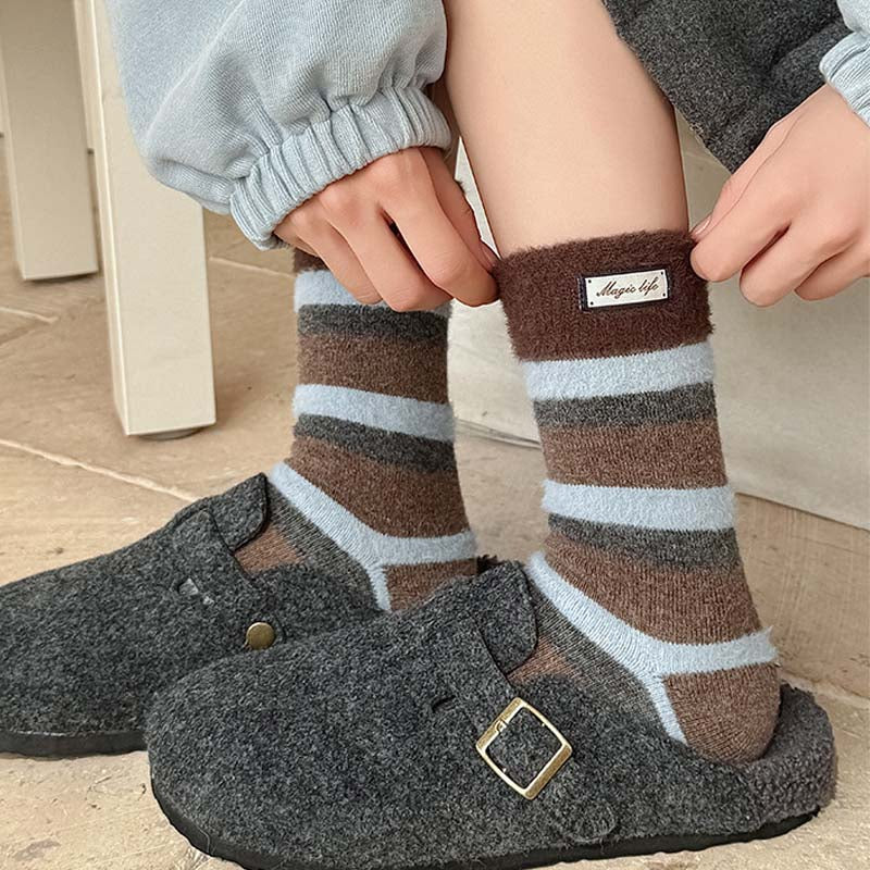 Striped Color Block Thermal Plush Crew Socks