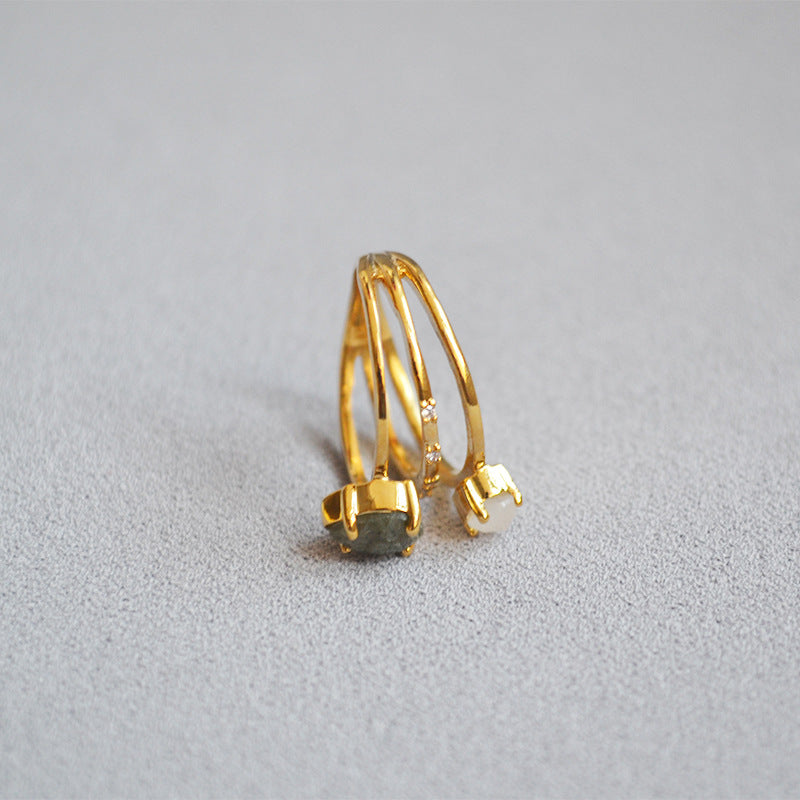 Multi-Layer Hollow Stone Gold Plated Open Rings