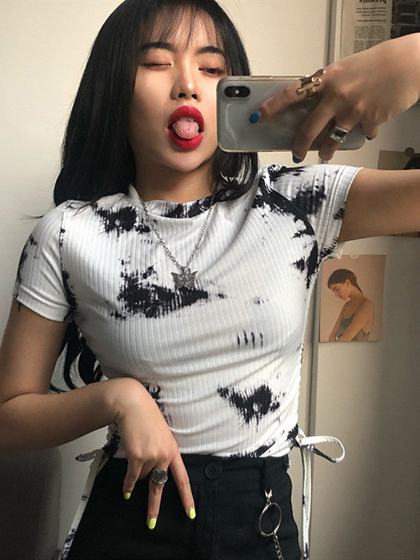 Women Tshirts Pleated Drawstring Streetwear Short Sleeve Crop Tops Casual Basic Shirts Summer T-Shirt