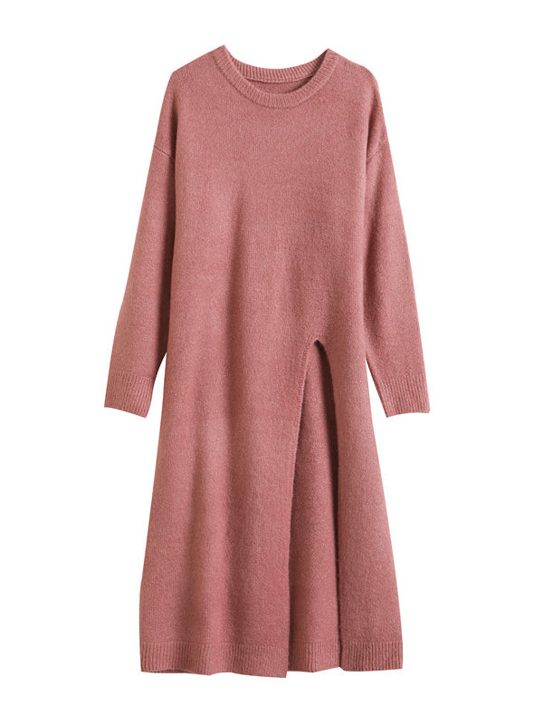 Loose Split-Side Solid Color Round-Neck Knitting Sweater Dresses