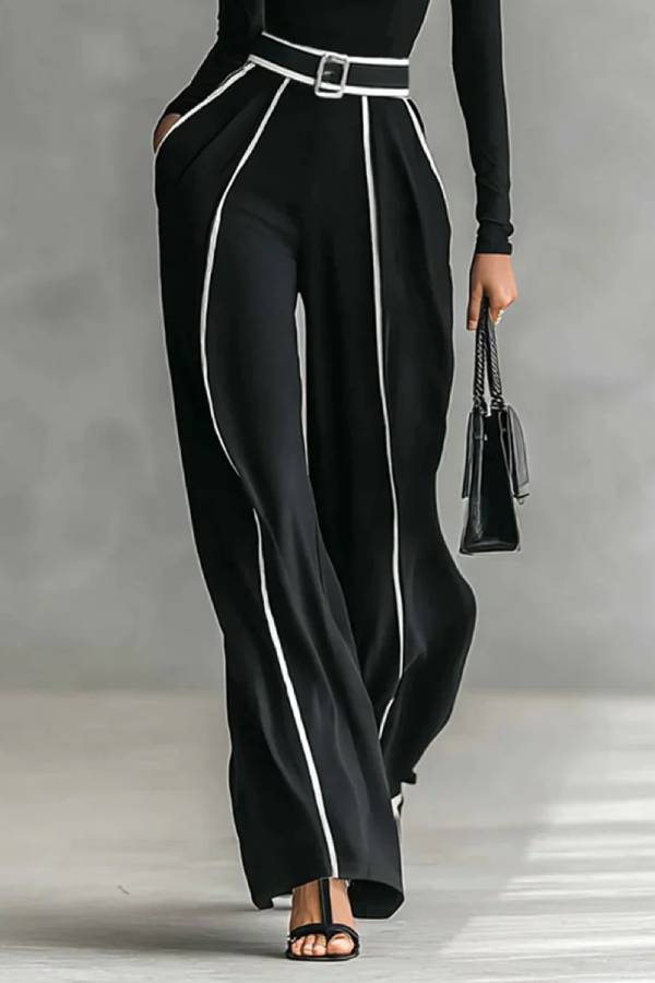 White Trim High-neck Long-sleeved Top With Wide-leg Pants and Belt Set