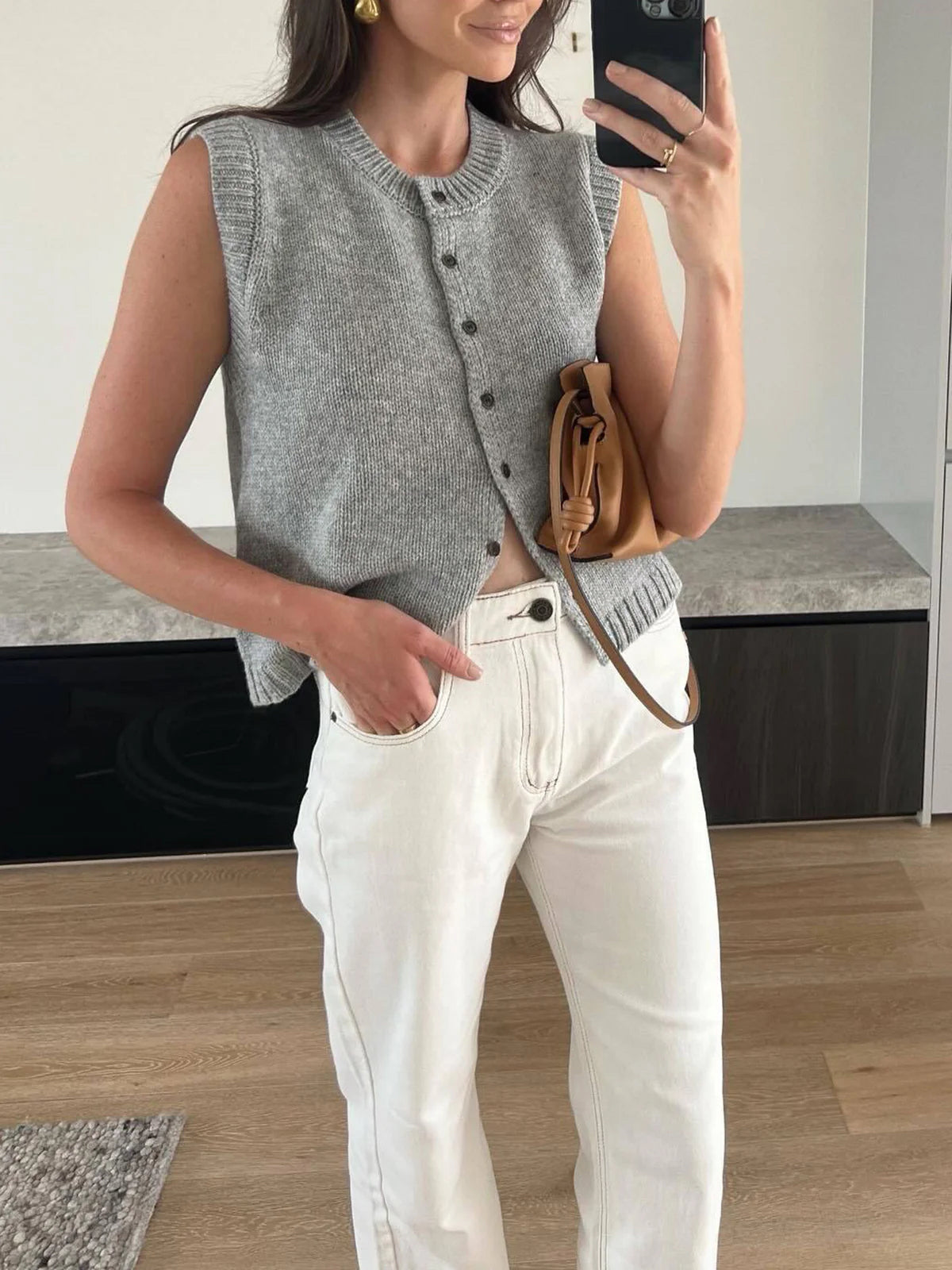 Knit Vest Button Front Sleeveless Cardigan