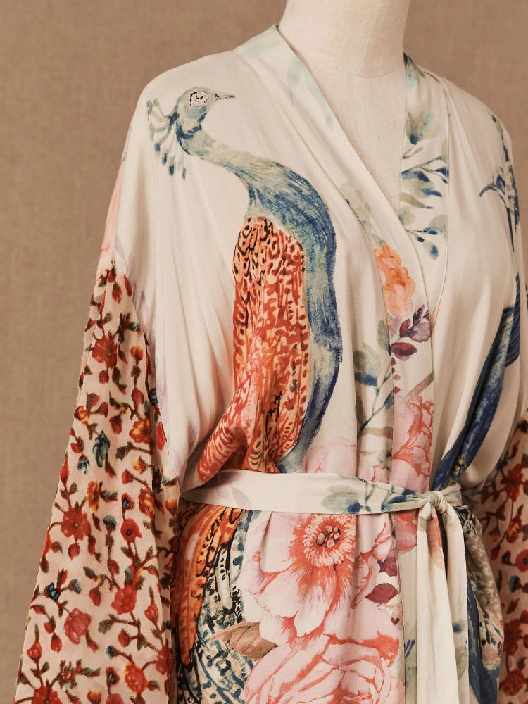 Beach Kimono For Women Peocock Printed Swimsuit Cover Up Self Belted Wrap Dresses Seaside Bathing Suits Beachwear