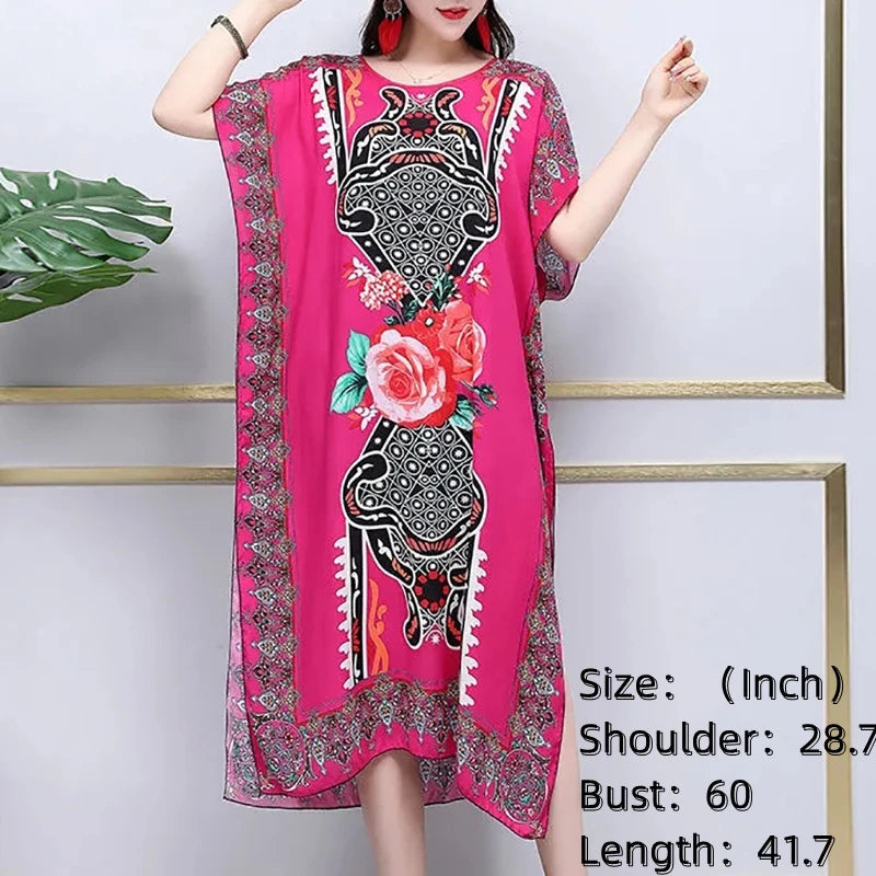 Bohemian National Style Leisure Holiday Beach Printed Poker Indonesia Floral O-Neck Loose Midi Dress Pajamas Loungewear Woman