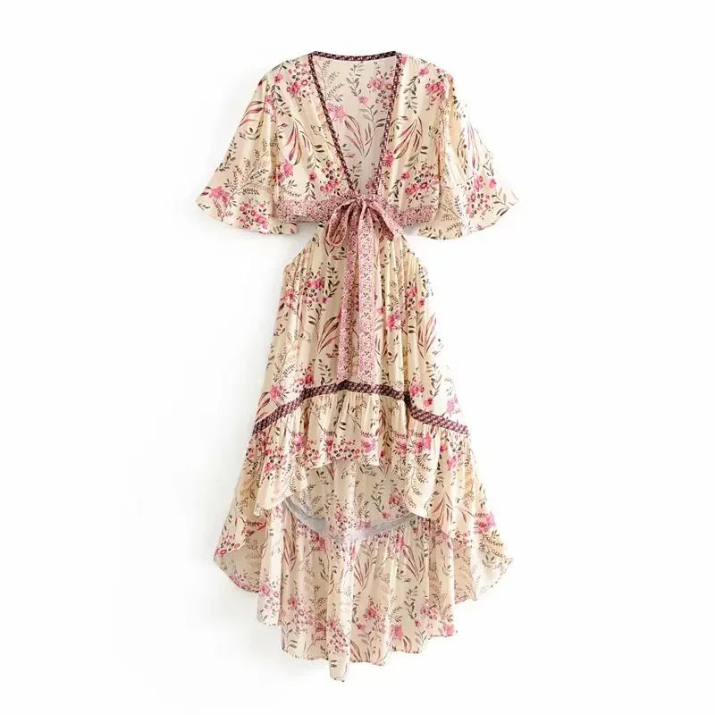 Boho Queens Women Hollow Out Sexy Beach Dress Bohemian Lady Short Sleeve Rayon Summer Boho Dresses Robe