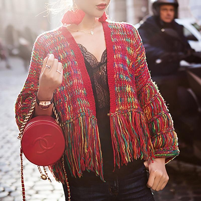 Cardigan Feminino Real Wool Women Sweaters And Poncho New Women'S Loose Cardigan Knit Hand-Knitted Rainbow Tassels Woman