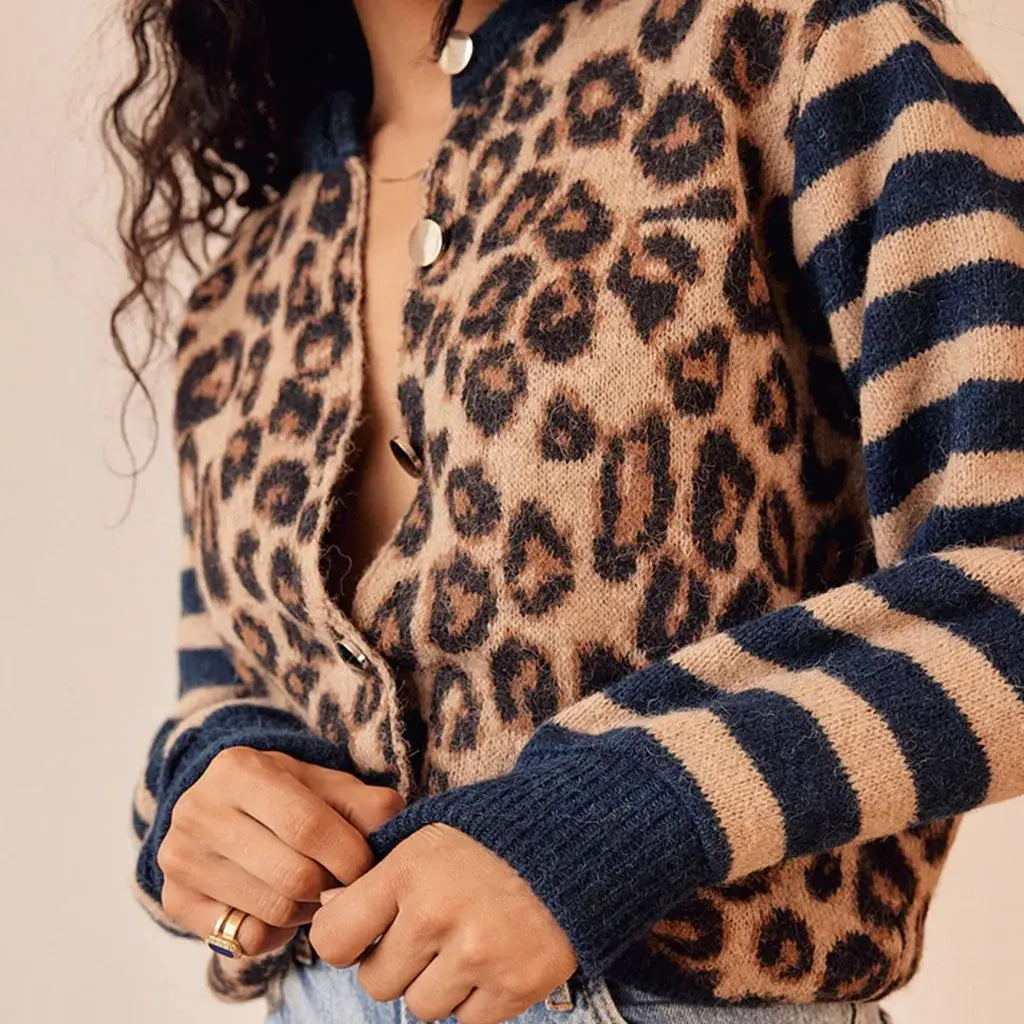 Combhasaki Women'S Y2K Vintage Sweaters Aesthetic Striped Leopard Print Patchwork Button-Down Round Neck Loose Fit Knitwear Coat