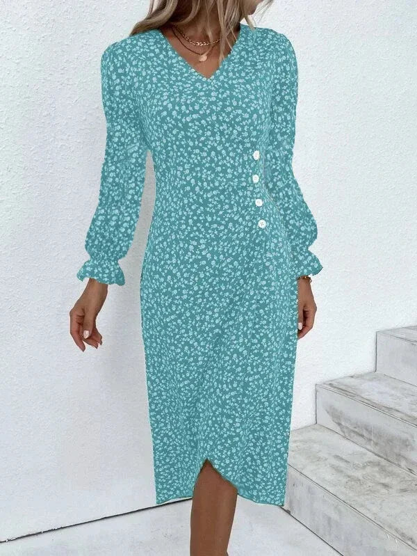 Elegant Floral Pleated H Shaped Midi Dress Female V Neck Puff Sleeve Waist Ruched Button Dresses Women Summer Dress Robe