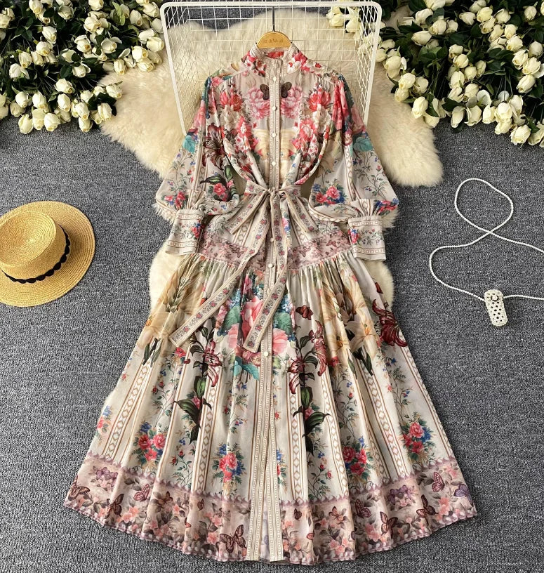 Elegant Lantern Sleeve Single-Breasted Dress Bohemian Slim Waist Belt Fashion Dresses Women Vintage A-Line Print Party Vestidos