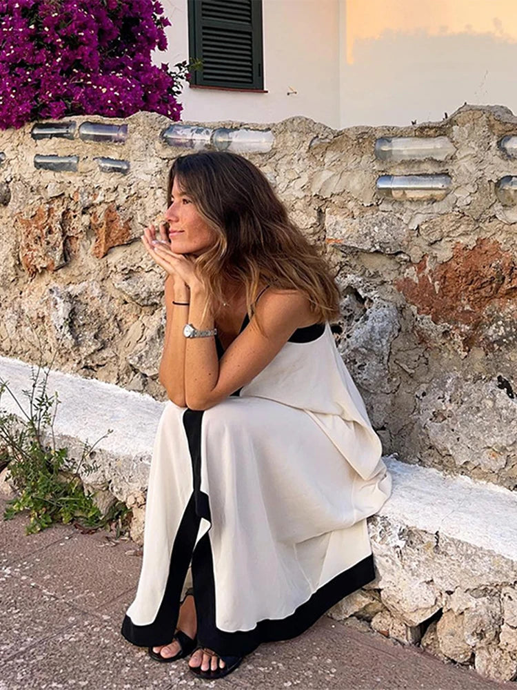 Elegant Suspender Maxi Dress Women'S Sexy Summer Sling Beach Dresses Female Backless V-Neck Contrast Color Vacation Long Dresses