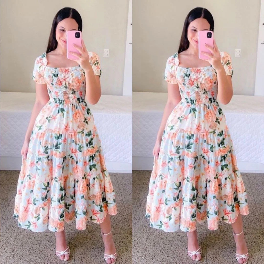 Elegant Women'S Off Shoulder Midi Dress 2024 Summer Fashion Dresses High Waist Flower Print Short Sleeve Dress Robe Clothing