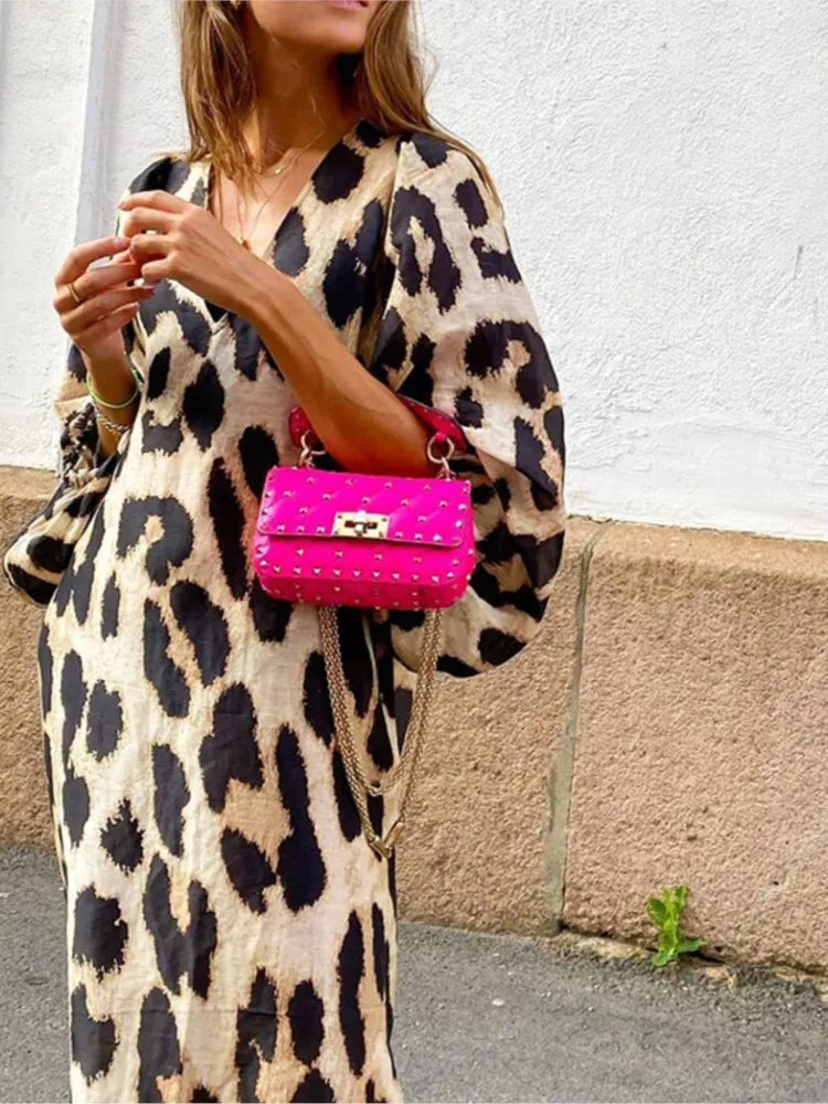 Fashion Leopard Casual Dress Women'S New V Neck Lantern Sleeve Elegant Office Holiday Summer Female Loose Dresses Robe Femme
