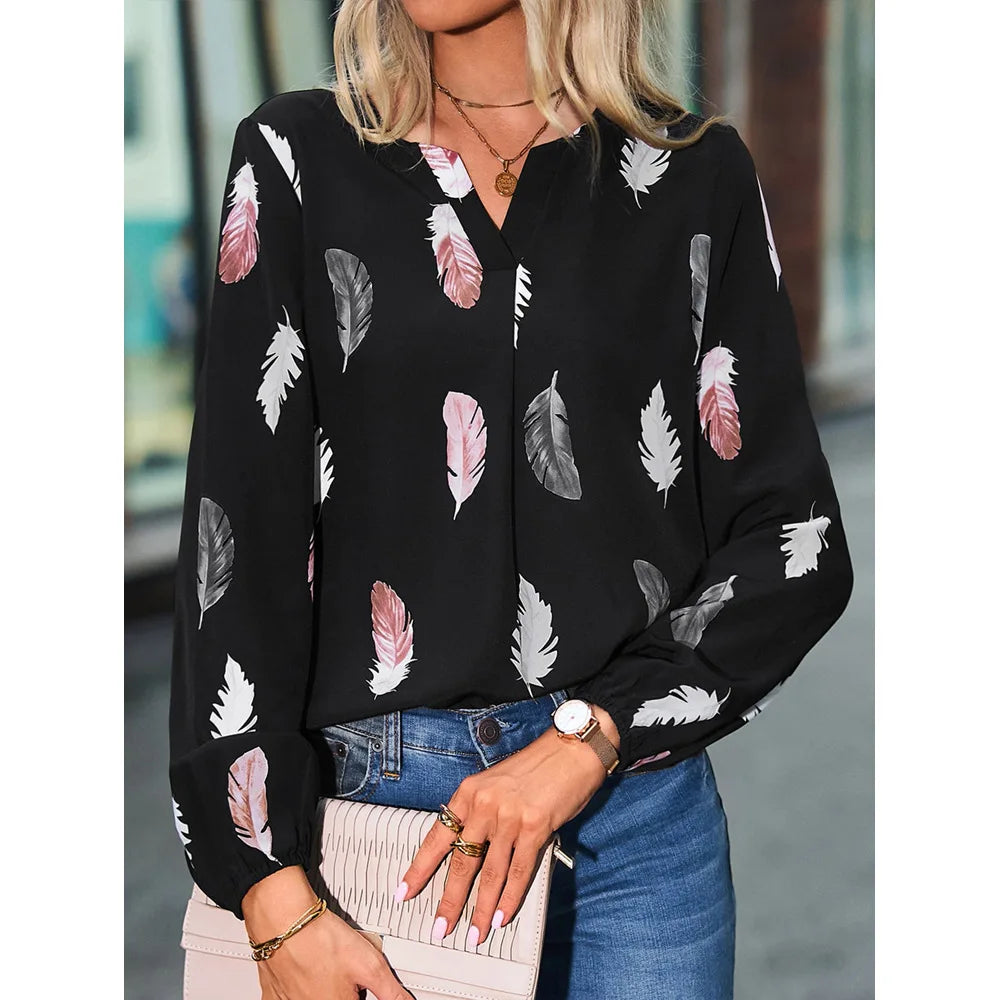 Fashion Woman Blouse Shirts For Women Stylish Top Long Sleeve Feather Pattern Female Tops Elegant Chiffon Mujer Woman Clothes