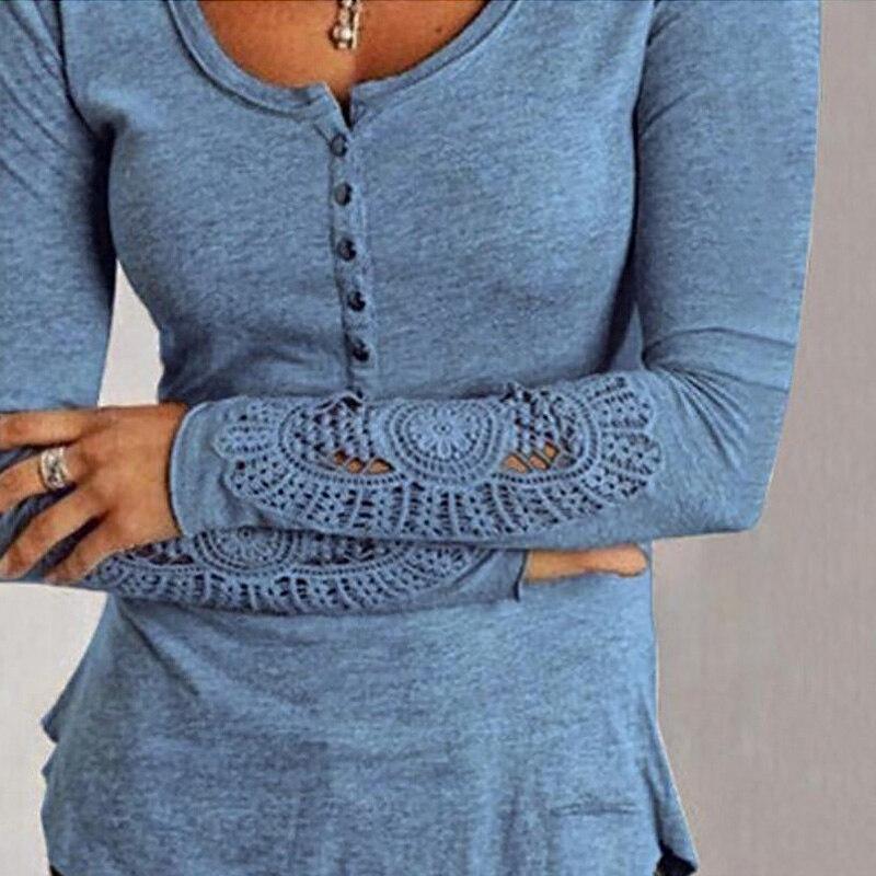 Fashion Women Spring Long Sleeve Button Tshirts Plus Size Sexy V-Neck Hollow Out Lace T-Shirt Loose Casual Pullovers Tops