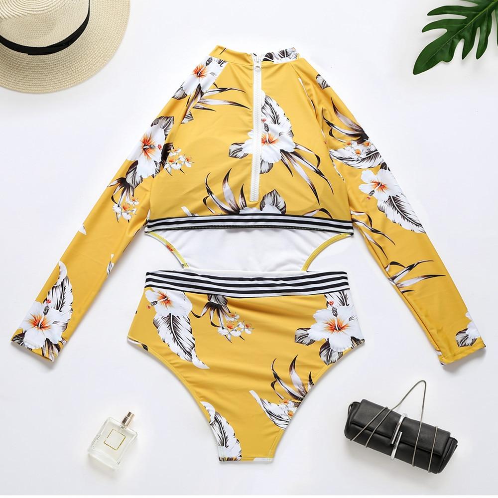 Yellow Print Floral One Piece Swimsuit Long Sleeve Swimwear Women Bathing Suit Retro Swimsuit One-Piece Surfing Swimsuits