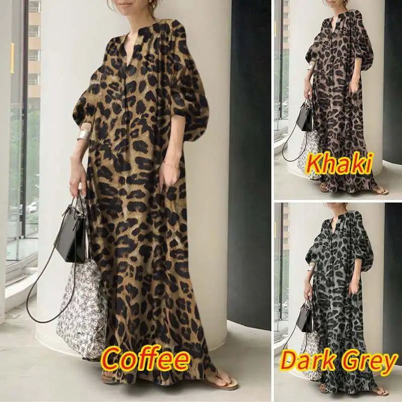 Fashion Printed Maxi Dress Women'S Leopard Sundress 2023 Zanzea Spring Puff Sleeve Long Vestidos Female V Neck Robe Oversize