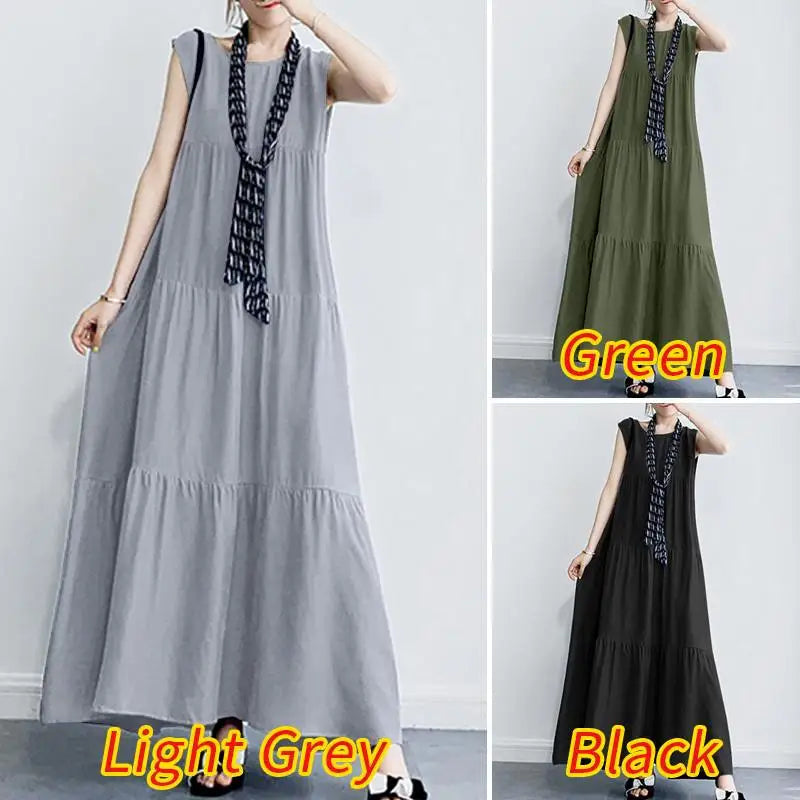 Zanzea 2023 Stylish Women'S Ruffle Sundress Solid Summer Dress Casual Sleeveless Maxi Vestidos Female O Neck Robe Oversized