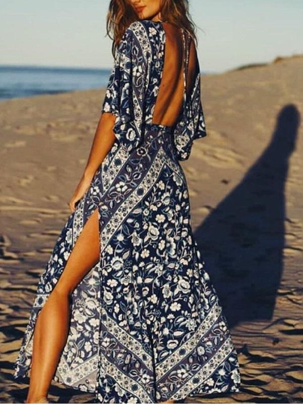 Babushka Printed Kimono Style Sleeves Plunging V-Neck Backless Maxi Dress