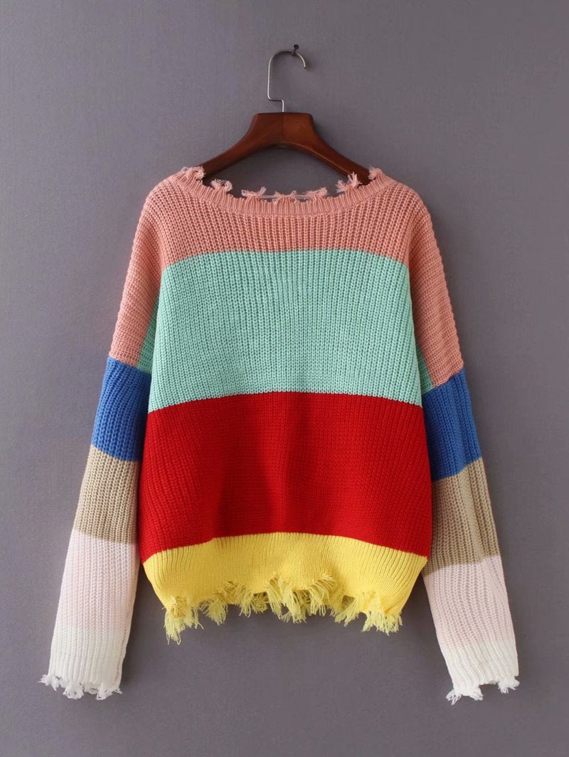 Fashion V-Neck Backless Knitting Striped Rainbow Colored Sweater Tops
