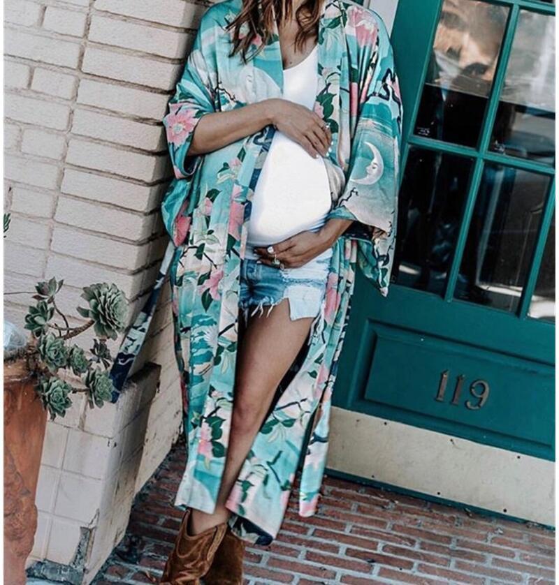 Women Long Wrap Belt Ties Front Beach Floral Kimono Swimwear Cover Ups