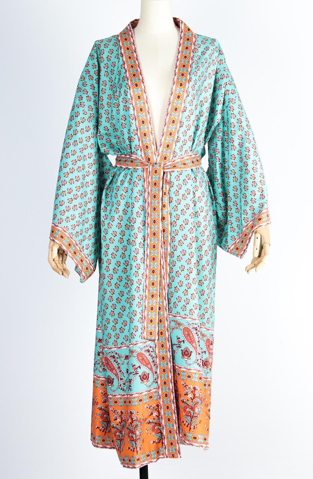 Hippie Floral Printed Kimono Long Sleeve Thin Vintage Belt Cover Up