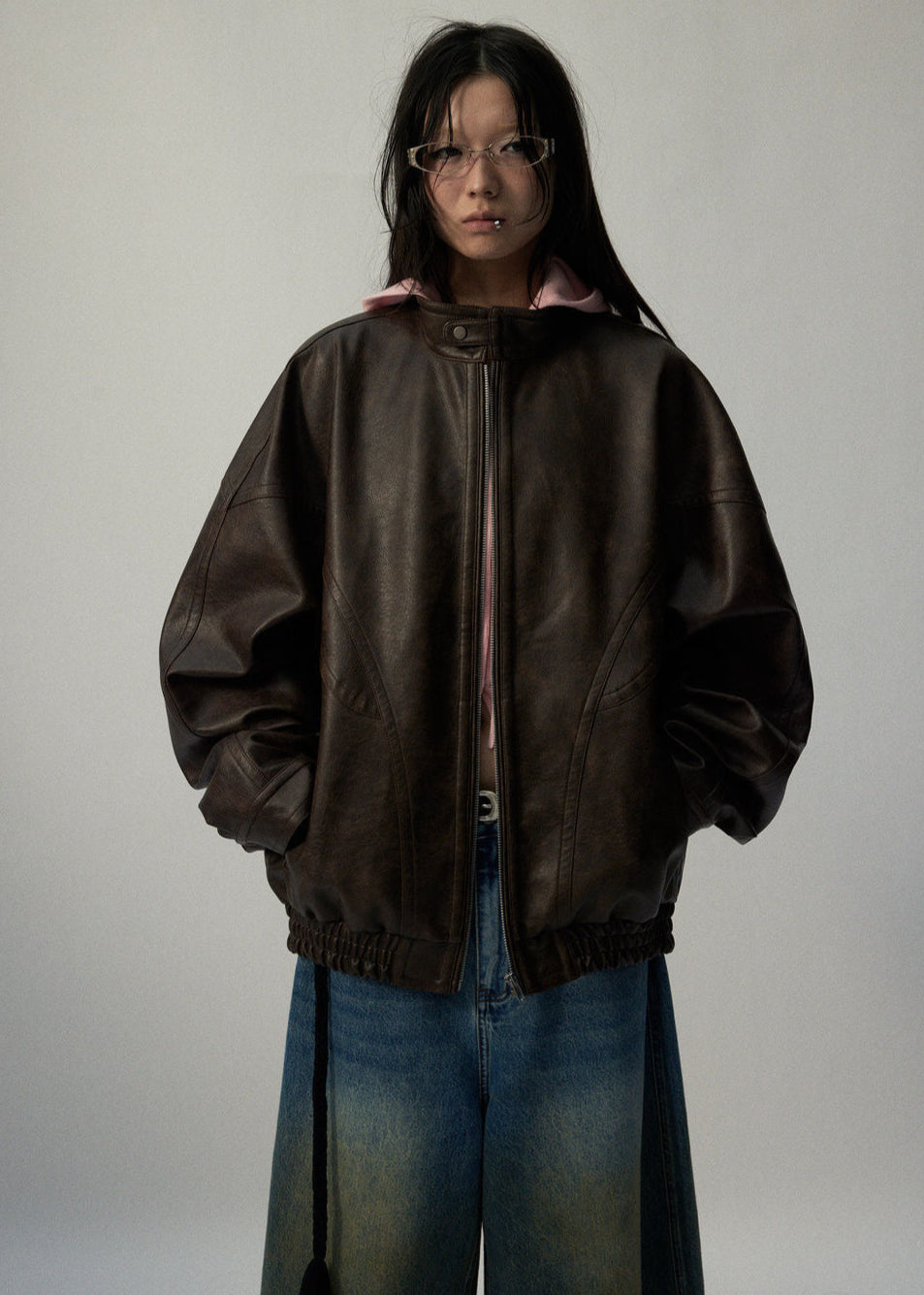Oversized Brown Faux Leather Jacket Unisex Fit
