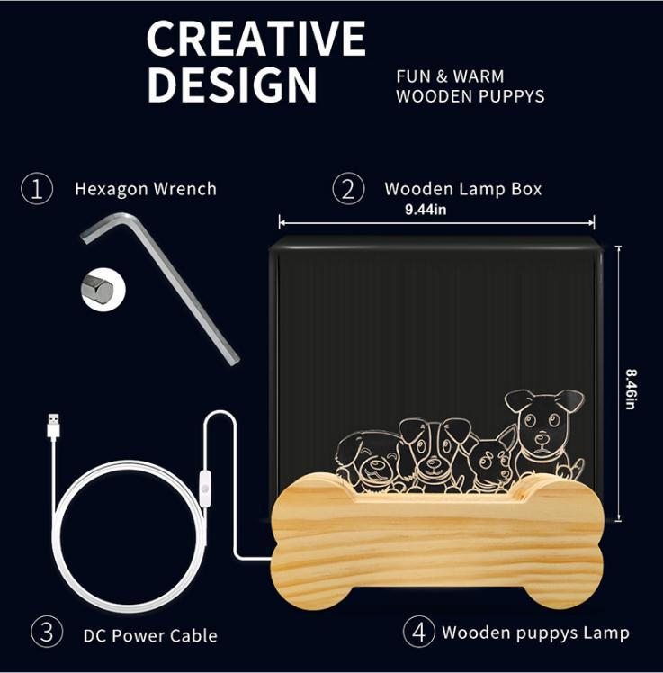 New Dog Folding Wood 3D Lamp Bedroom Children'S Room Christmas Gift 3D Night Table Lamps For Bedroom Korean Desk Lamp