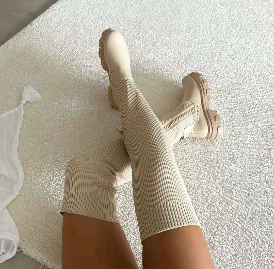 Platform Over-The-Knee Boots Women'S Stretch Wool High Boots Round Toe Breathable Single Shoe