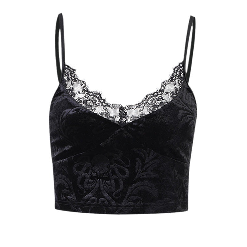 Summer Black Lace Trim Crop Top for Women