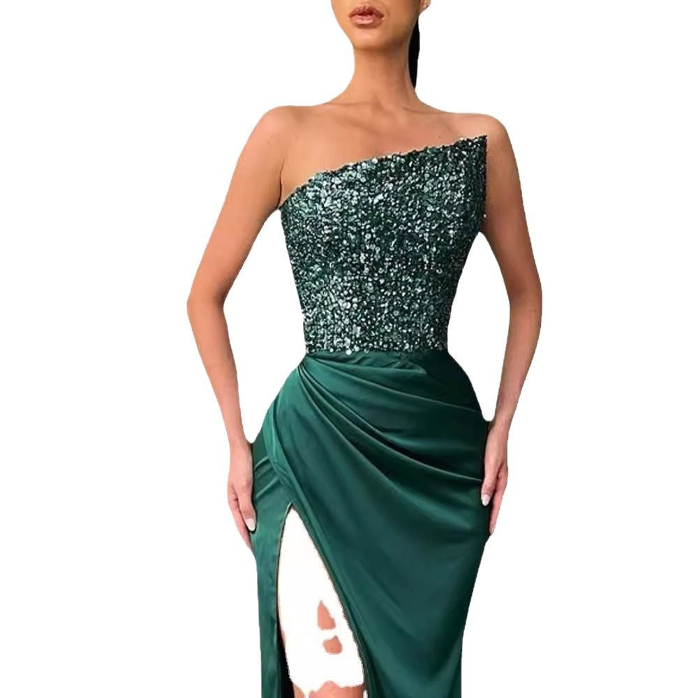Green Sequin Long Sleeve Less Evening Dress