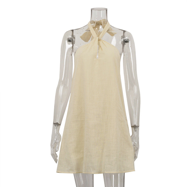 Cotton Sleeveless A-Line Dress With Halter Neck - Sexy Style
