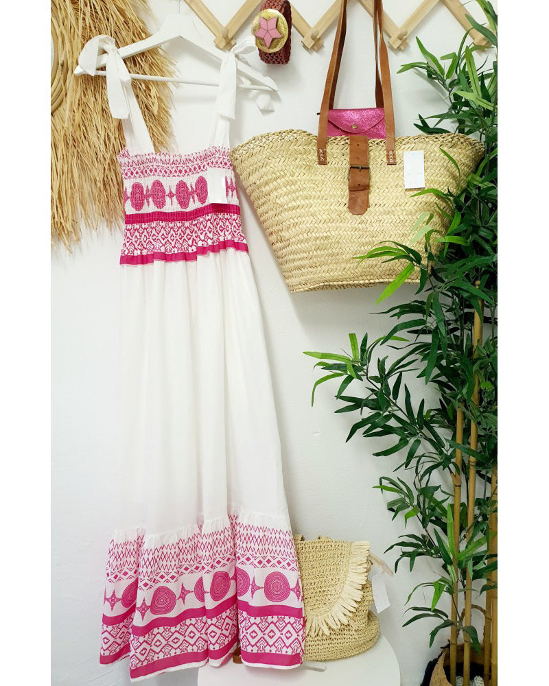Summer New Lace Up Printing Sweet And Elastic Bohemian Style Dress