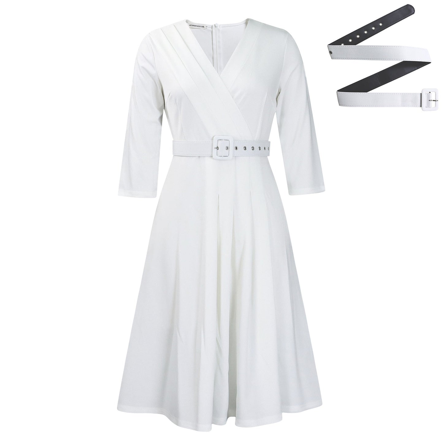 Elegant V-Neck A-Line Dress With Belt For Women