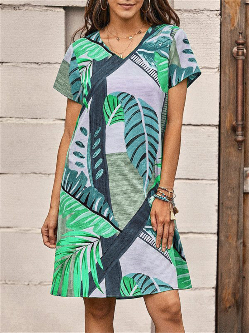 Womenswear Print Casual Short Sleeve V-Neck Dress