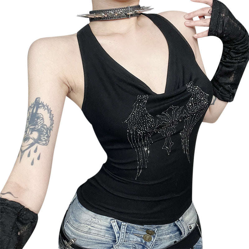 Dark Cross Letter Print Backless Neckline Tank Top