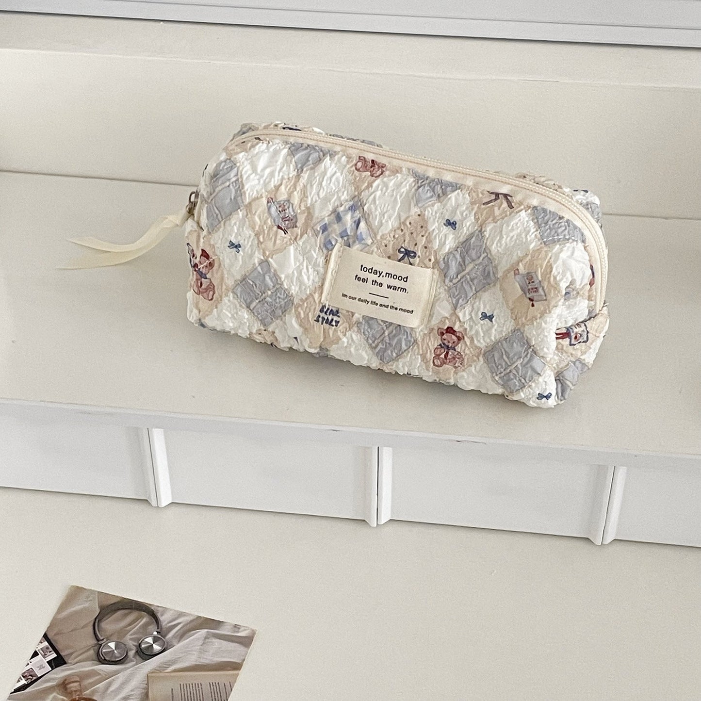 Trendy Quilted Teddy Bear Makeup Bag Portable Travel Organizer