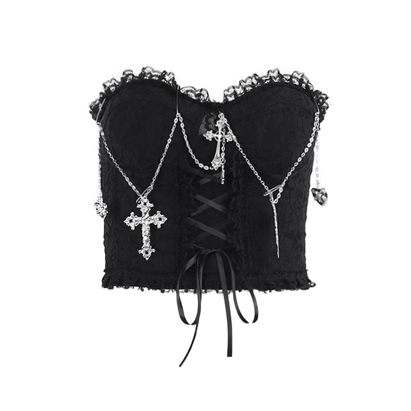 Sexy Gothic Strapless Top with Lace and Chains
