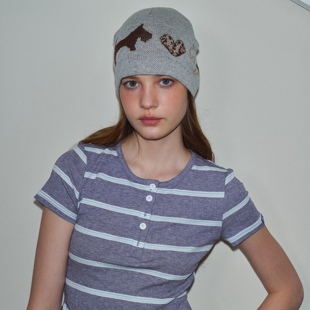Leopard Heart Knit Wool Blend Beanie Hat
