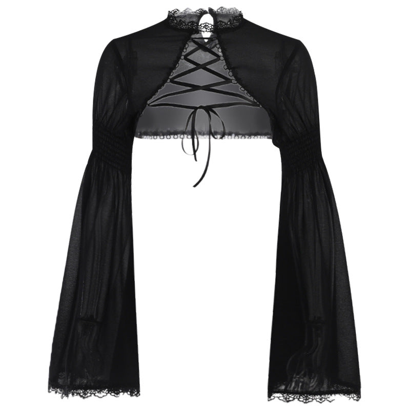 Gothic Lace Overlay Black Button-Up Top for Women