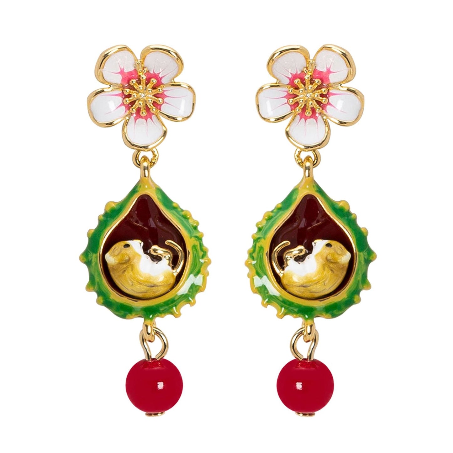 Charming Hand-Painted Enamel Squirrel Floral Earrings For Women