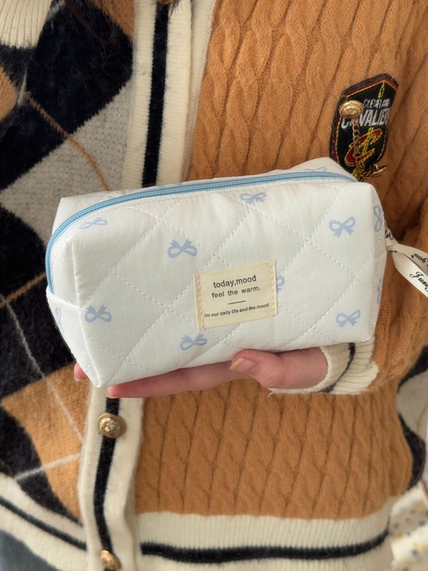 Blue Sweet Bow Cosmetic Bag Stylish Handheld Storage Bag